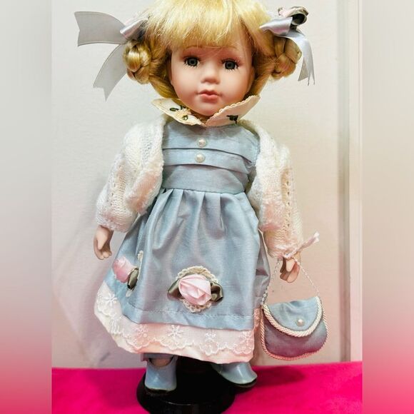 Vintage Unique Porcelain Hand painted Doll 11" in Blue Dress - Picture 5 of 11